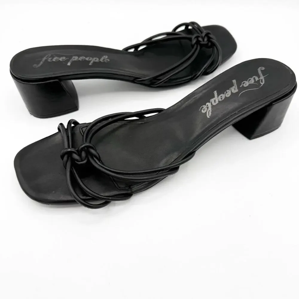 FREE PEOPLE Petra Leather Open Toe Black Knotted Block Heel Sandals Vintage Y2K